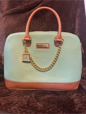 SMOKE FREE HOME -Joy & Iman Mint and Tan Dome Satchel with Gold Chain Accent